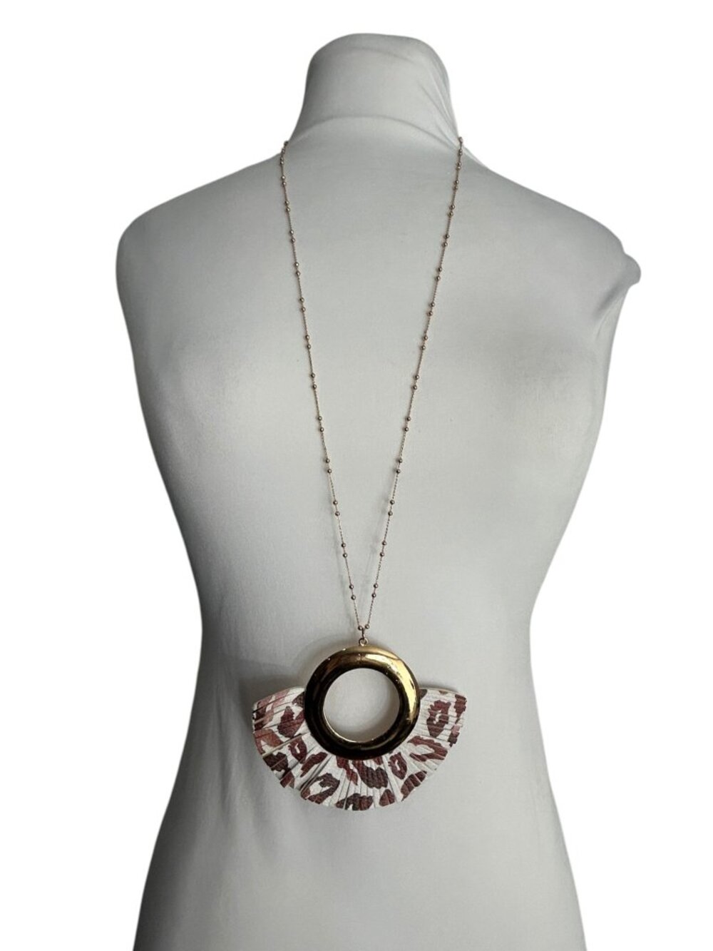 1946 Statement Pendant Necklace Gold Tone Leopard Print Fan Tassel Long Chain
